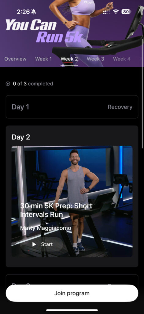 Viewing specific class within a Program from the Peloton iOS app.
