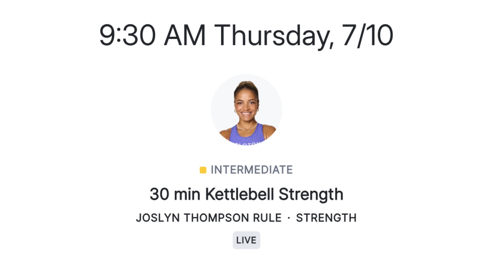 Live Kettlebells class with Joslyn Thompson Rule on the upcoming schedule.