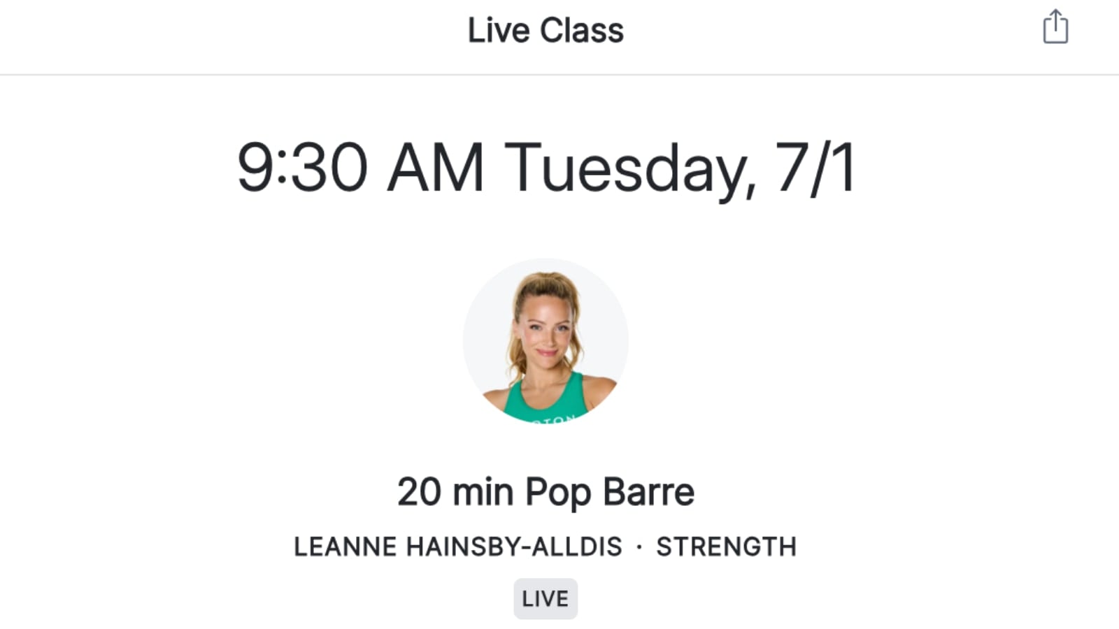 Peloton class schedule showing Leanne Hainsby's first live Peloton barre class.