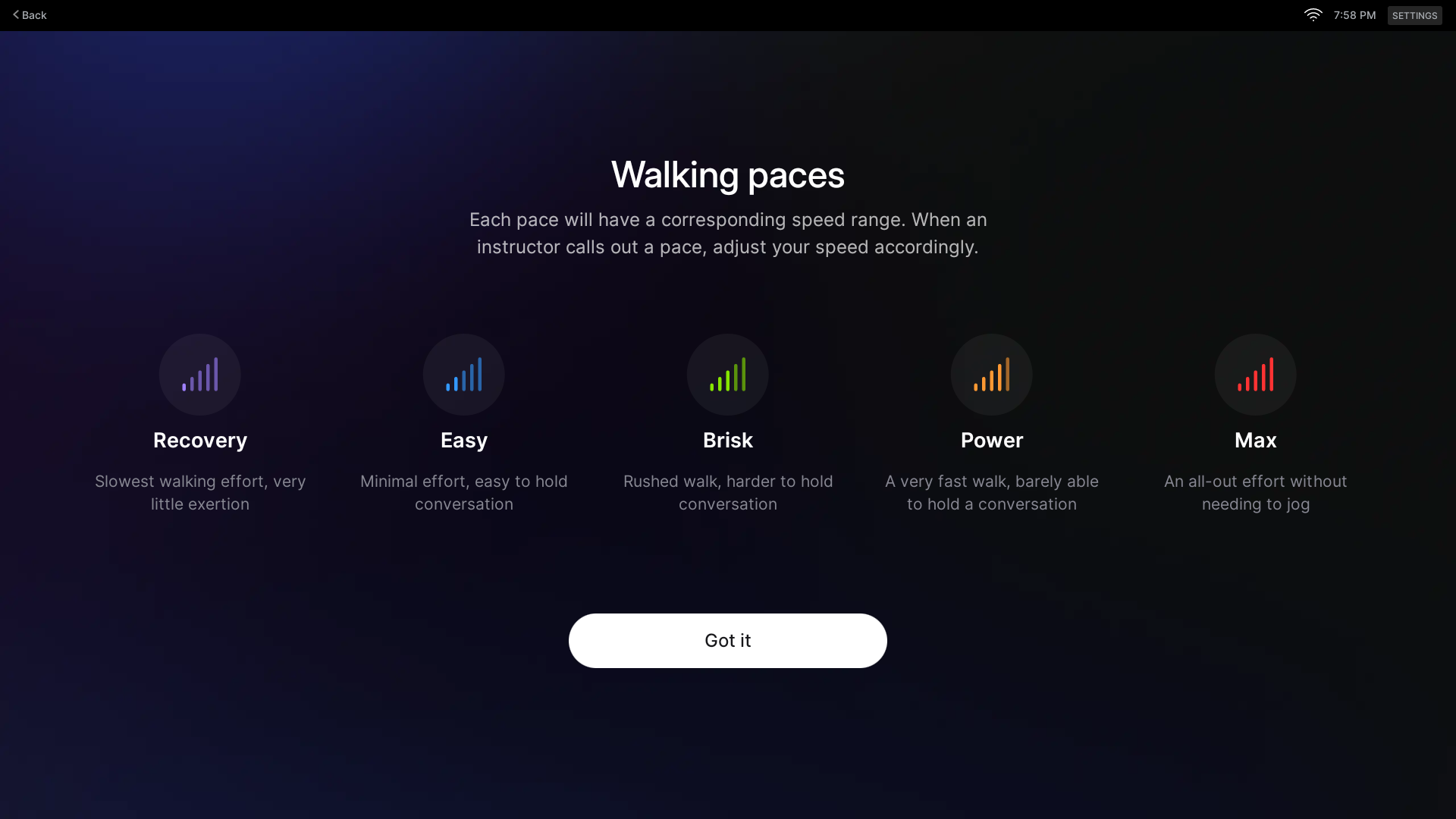 Overview of different Peloton walking pace target effort levels.