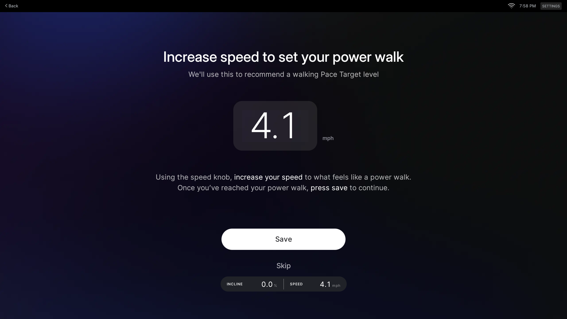 Setting your power walk speed to configure Peloton walking pace target levels.
