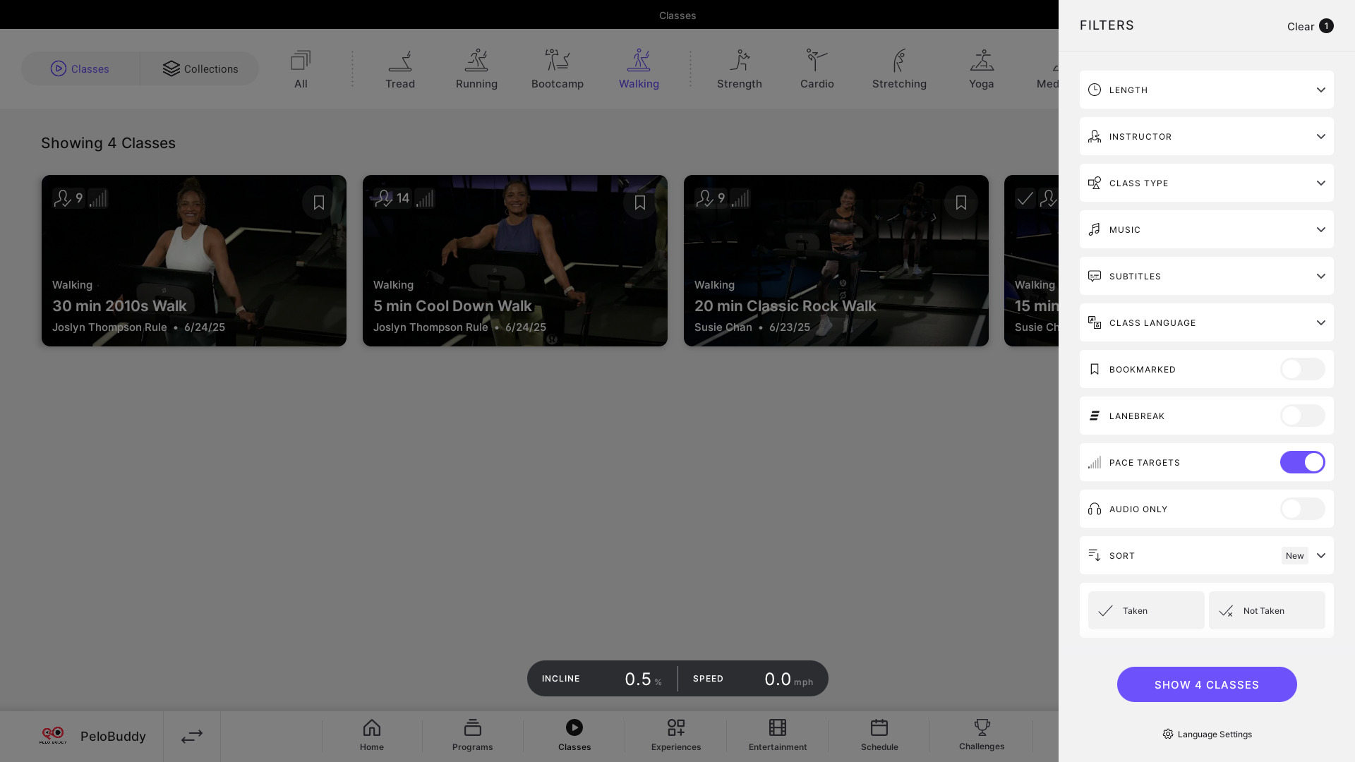 Using the pace target filter when viewing just walking Peloton classes.
