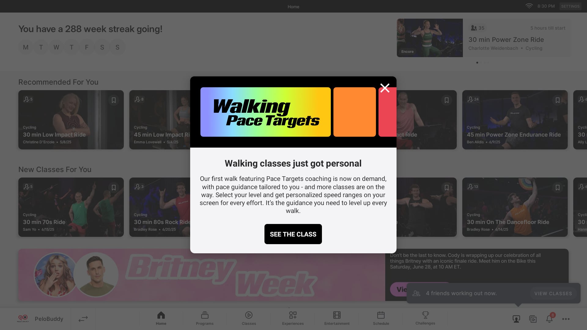 A notification about Peloton walking pace target classes.