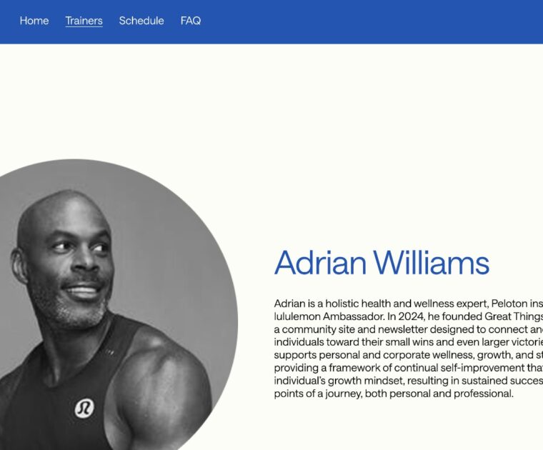 lululemon Summer Club website highlighting Adrian Williams.