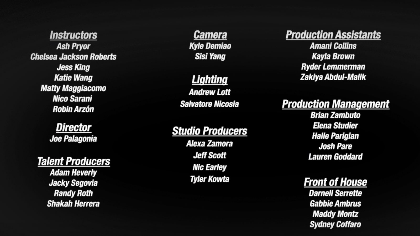 End credits for the Peloton class thanking everyone involved in creating it.