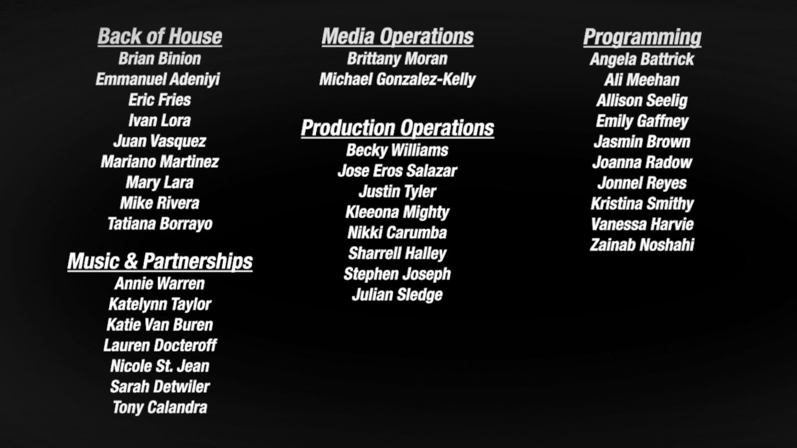 End credits for the Peloton class thanking everyone involved in creating it.