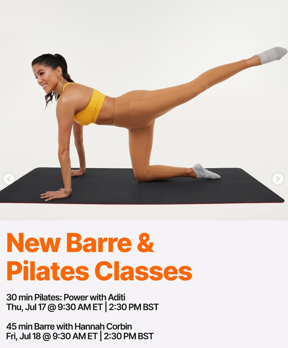 There will be live Barre and Pilates classes on the Peloton schedule this week. Image credit Peloton social media.