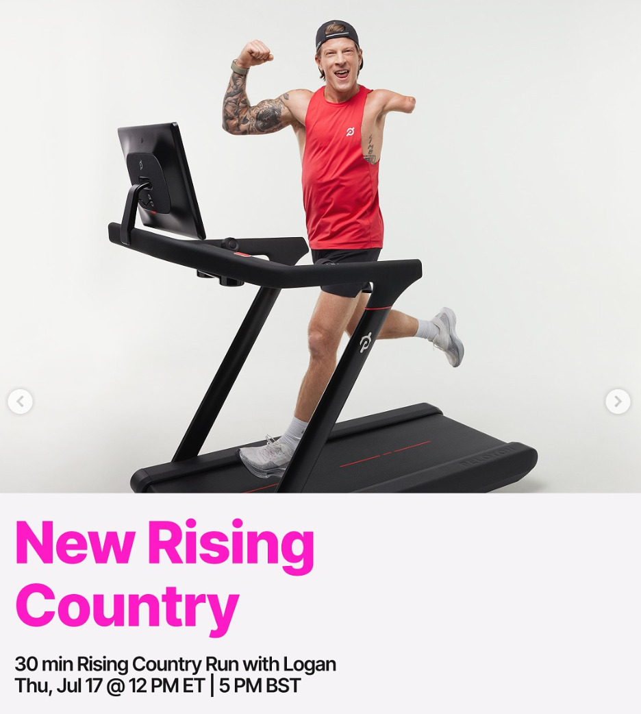 Logan will teach a live 30 minute Rising Country Run this week. Image credit Peloton social media.