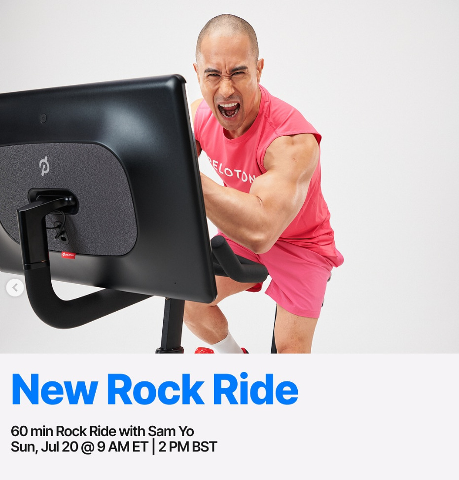 Sam will teach a live 60 minute Rock Ride this week. Image credit Peloton social media.