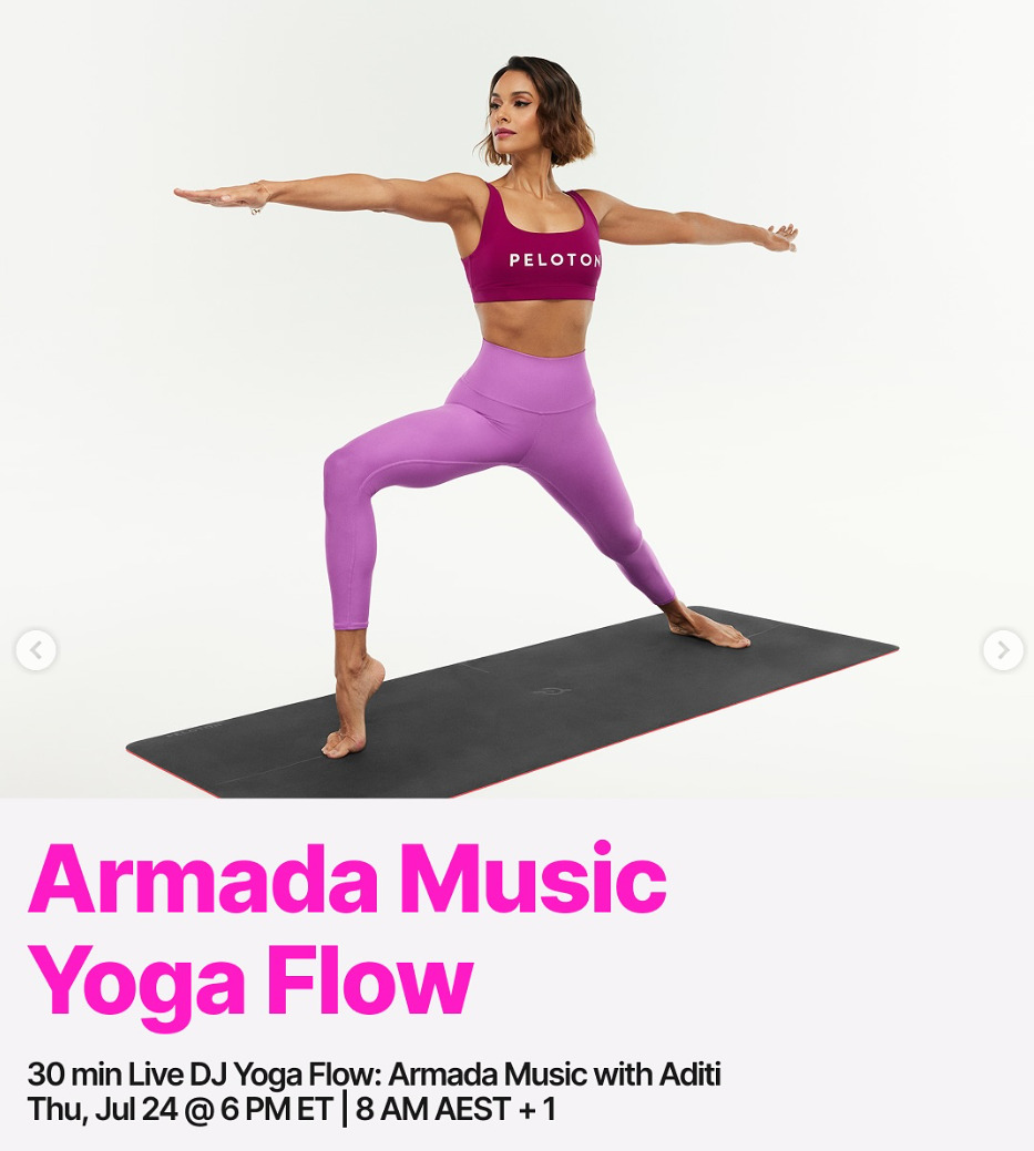 Aditi will teach a Live DJ Yoga Flow with DJ Armada this week. Image credit Peloton social media.