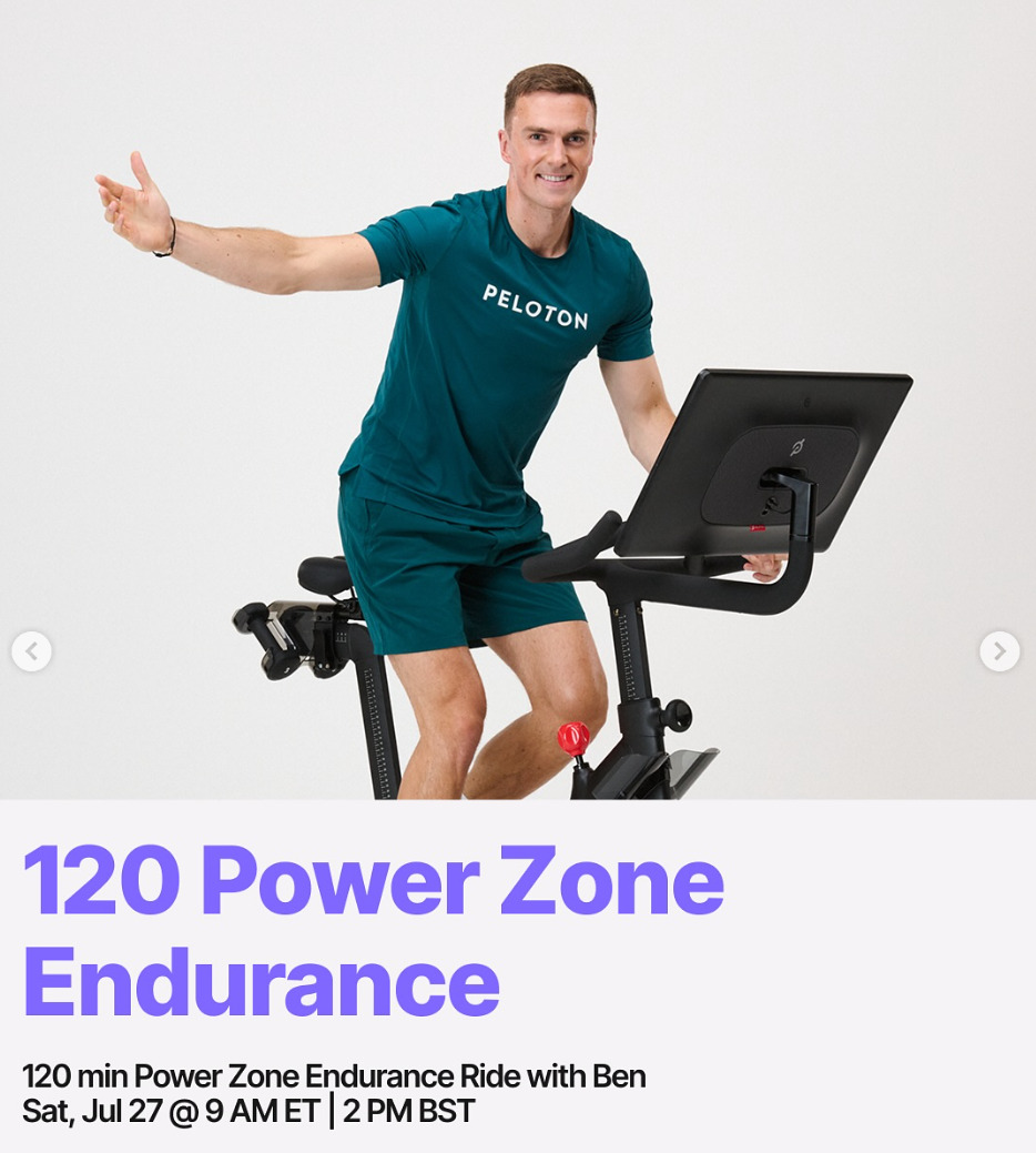Ben will teach a live 2 hour Power Zone Endurance Ride this week. Image credit Peloton social media.