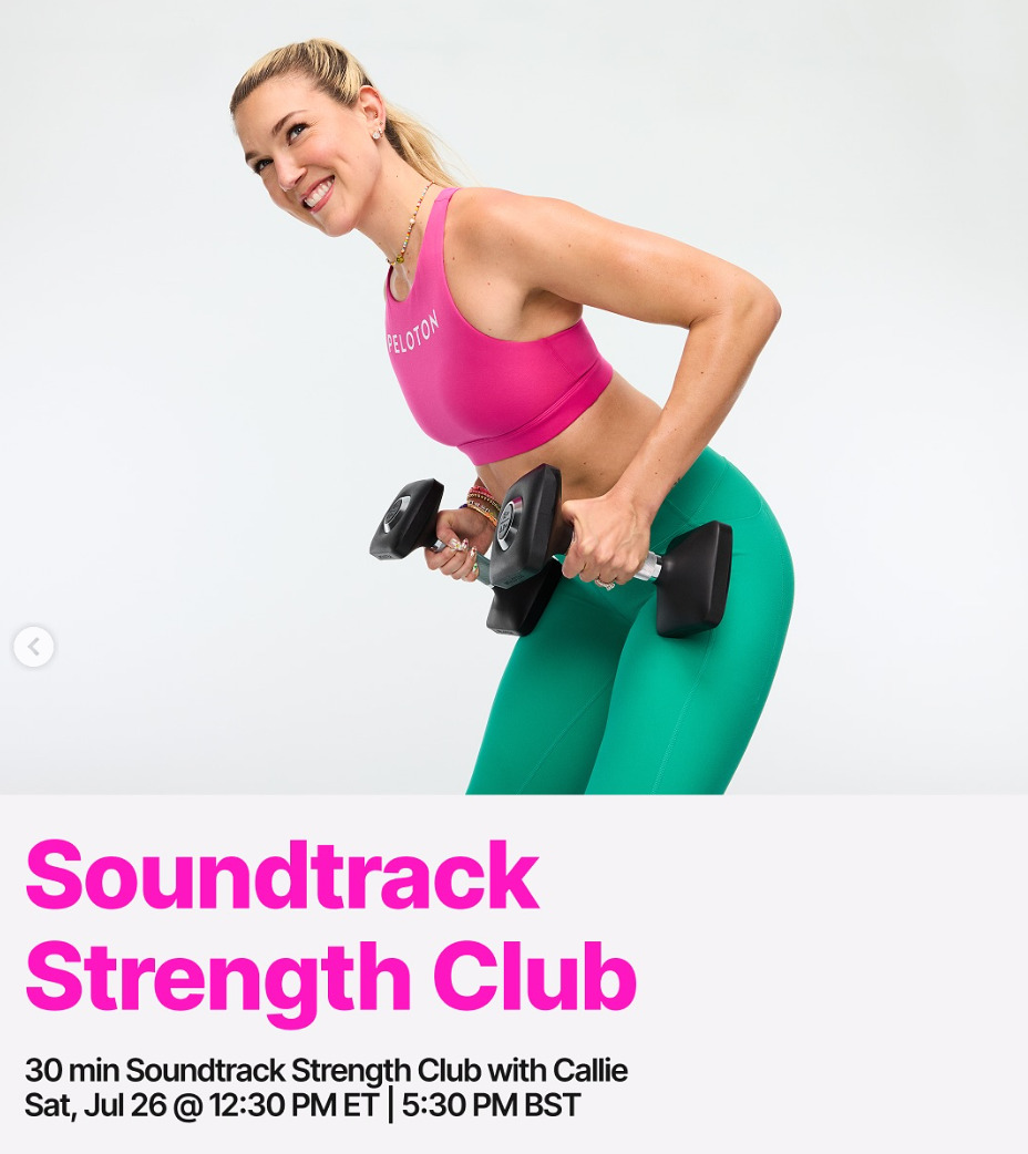 Callie will teach a new Soundtrack Strength Club this week. Image credit Peloton social media.