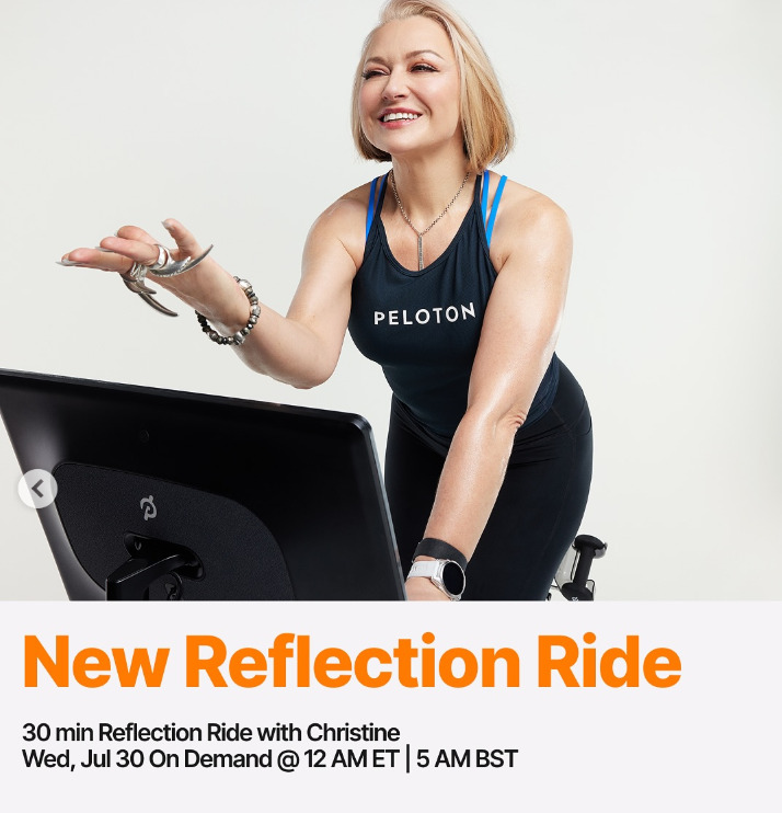 This week a 30 minute Reflection Ride from Christine will drop on demand. Image credit Peloton social media.
