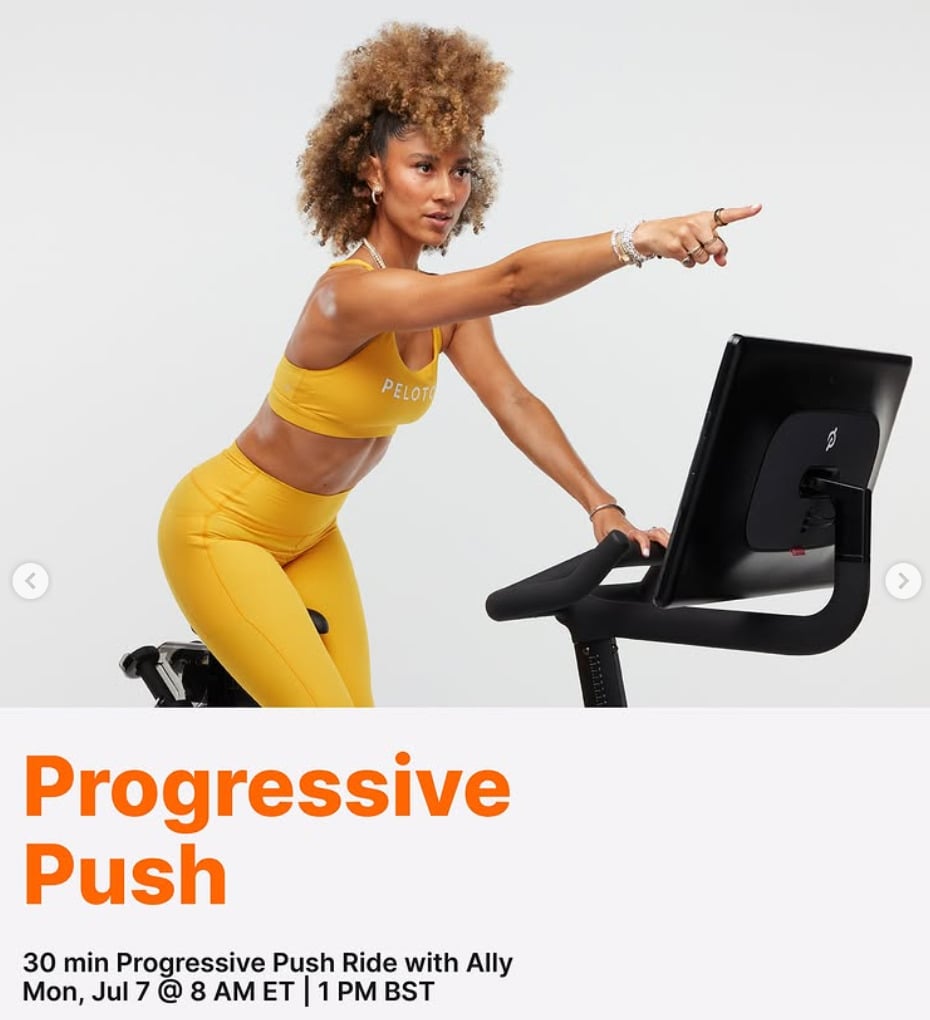 Ally will teach a live Progressive Push Ride this week. Image credit Peloton social media.