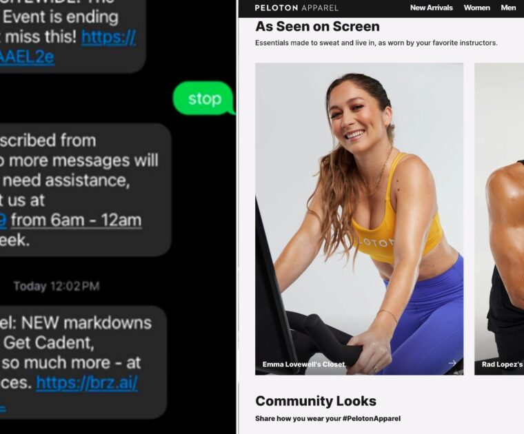 Image included in lawsuit of screenshot of Peloton Apparel text messages, plus the Peloton Apparel website.
