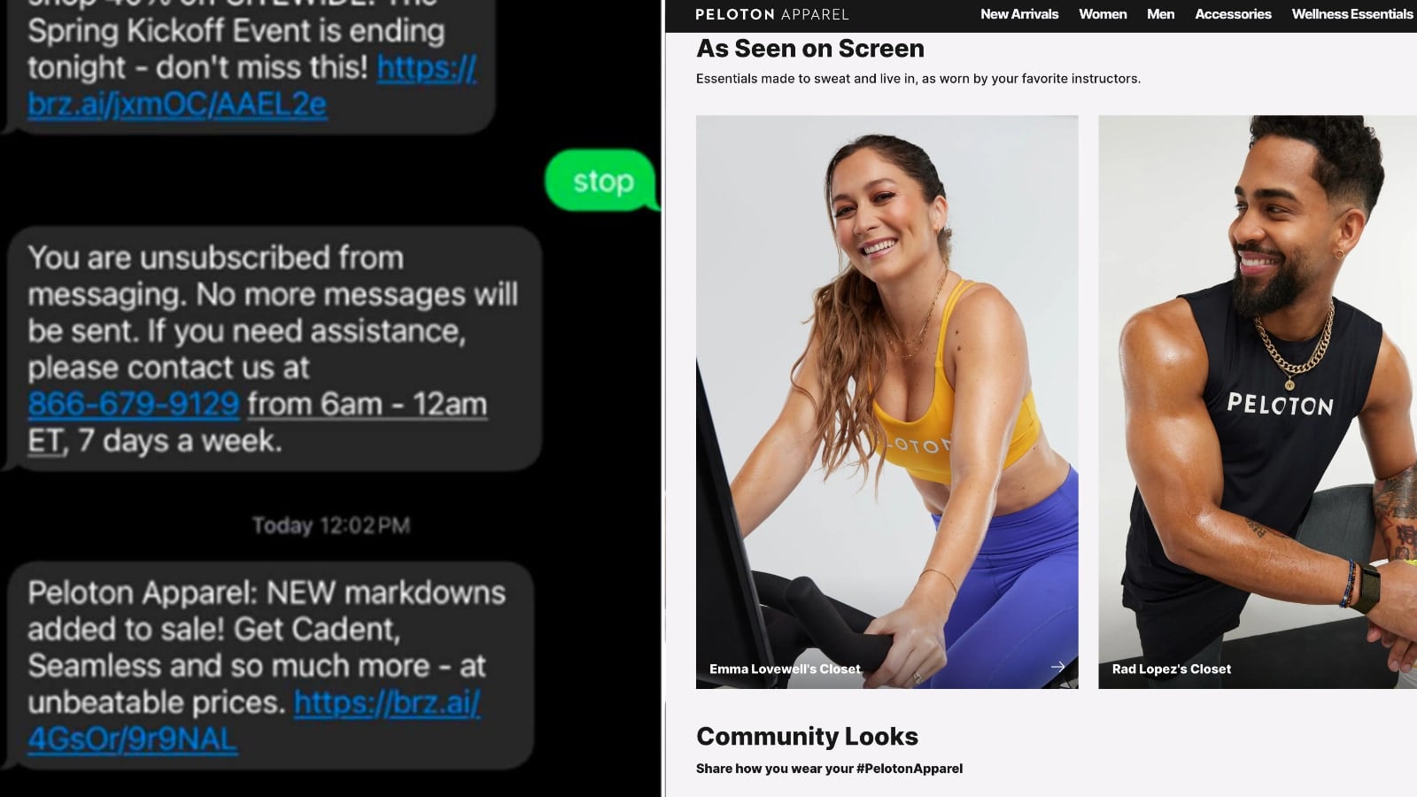 Image included in lawsuit of screenshot of Peloton Apparel text messages, plus the Peloton Apparel website.