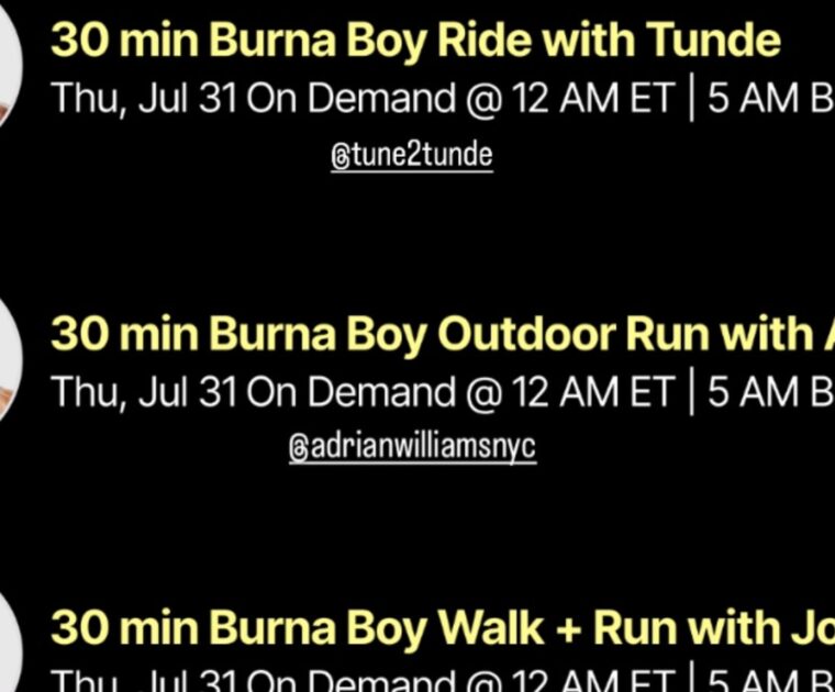 Peloton Burna Boy classes. Image credit Peloton social media.