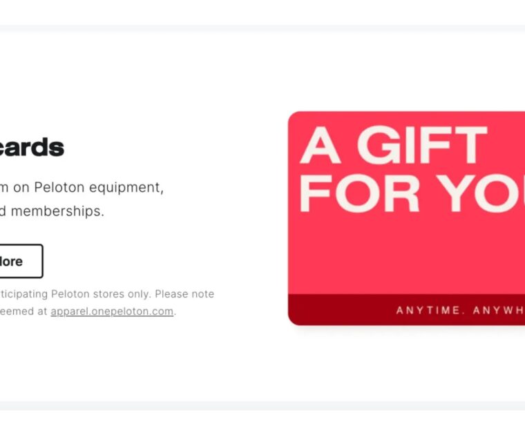 Peloton gift cards that worked on hardware devices & membership, as seen on Peloton homepage in 2023.