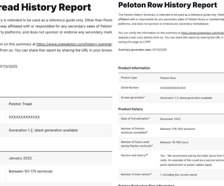 Screenshots of Peloton history summary reports for a Peloton Tread & Peloton Row.