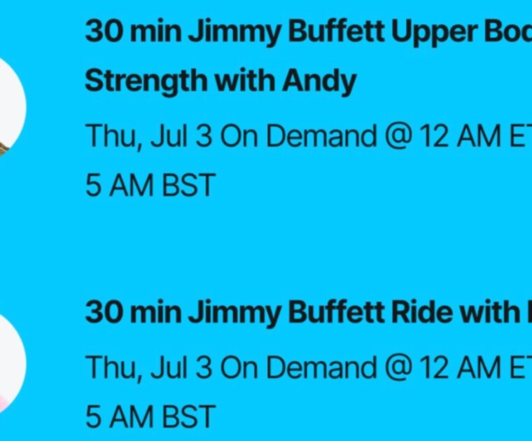 Peloton's Jimmy Buffett class list. Image credit Peloton social media.