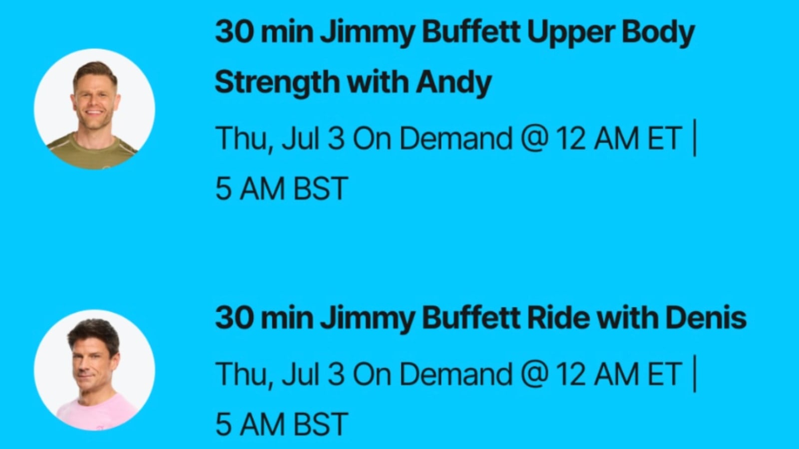 Peloton's Jimmy Buffett class list. Image credit Peloton social media.