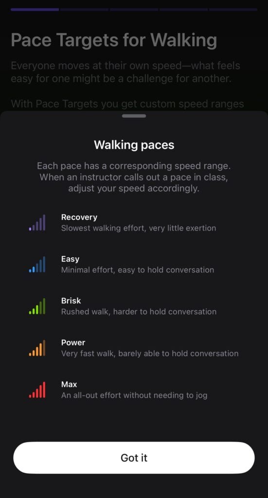 The 5 walking pace target efforts on Peloton.