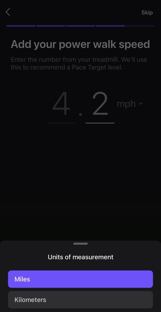 Setting your power walk speed in the Peloton app.