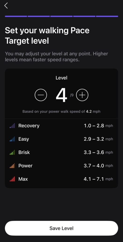 Suggested difficulty level based on a power walking speed.