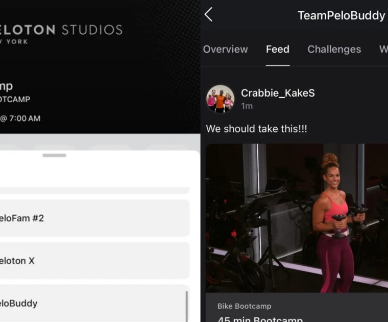 New feature allowing you to share classes in the team area of the Peloton app.