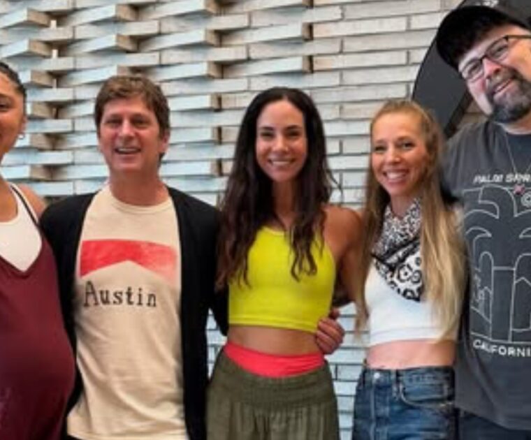 Ally Love, Rob Thomas, Mariana Fernández, Kirra Michel, and DJ John Michael at Peloton listening party