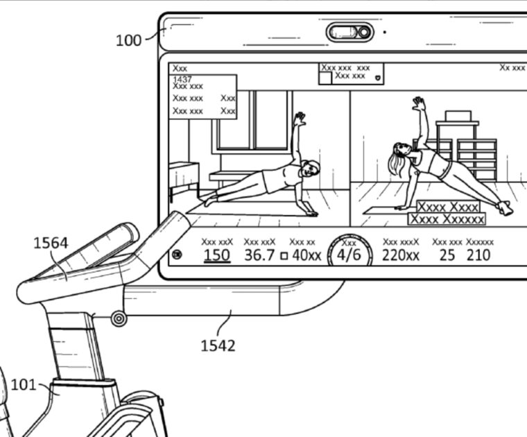 A rotatable camera shown on a Peloton Bike with a Guide user interface.