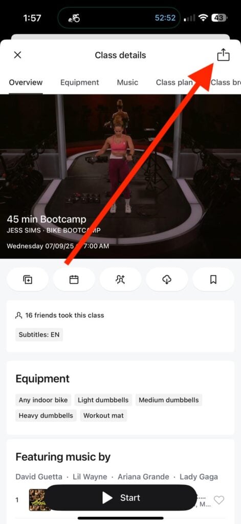 Class details page with arrow in box on upper right corner