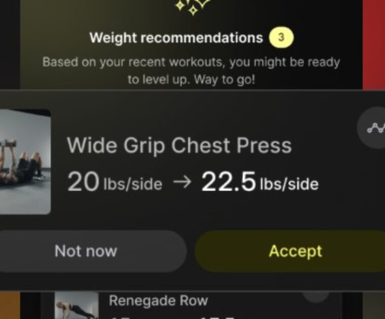 Prompt in Peloton Strength+ app suggesting member increases weight.