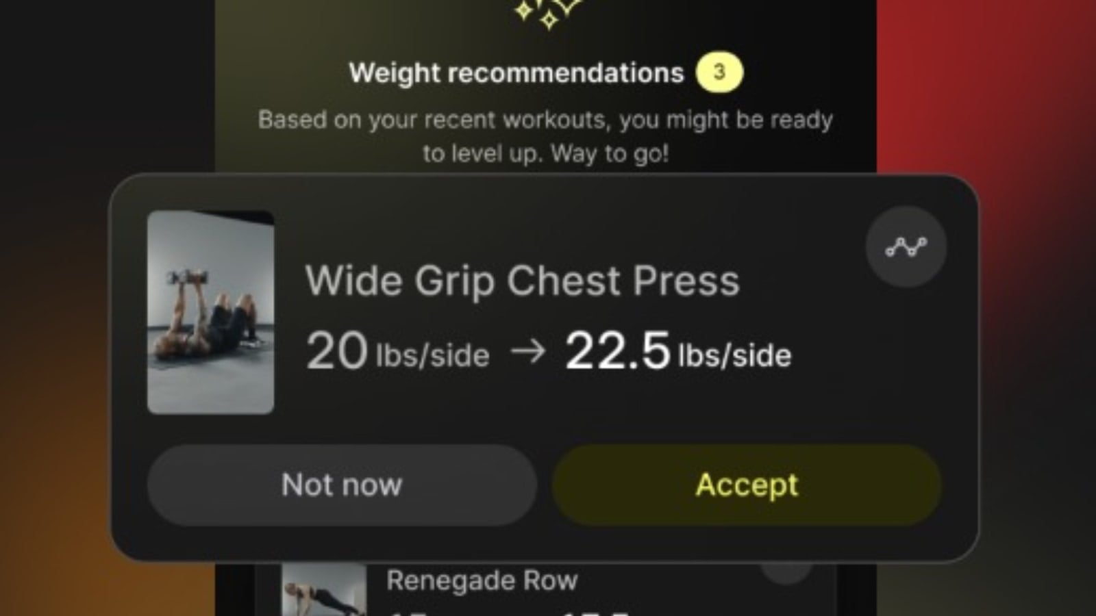Prompt in Peloton Strength+ app suggesting member increases weight.