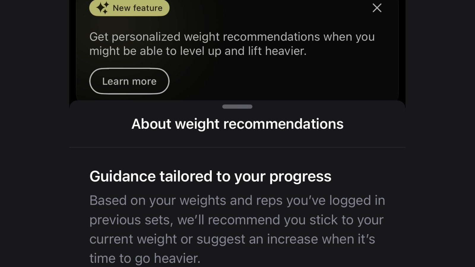 Peloton summary of personalized weight recommendations feature.