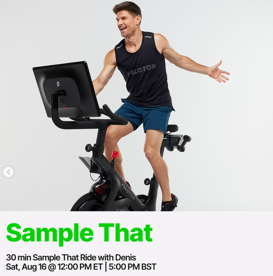 Denis will teach a live Sample That Ride this week. Image credit Peloton social media.