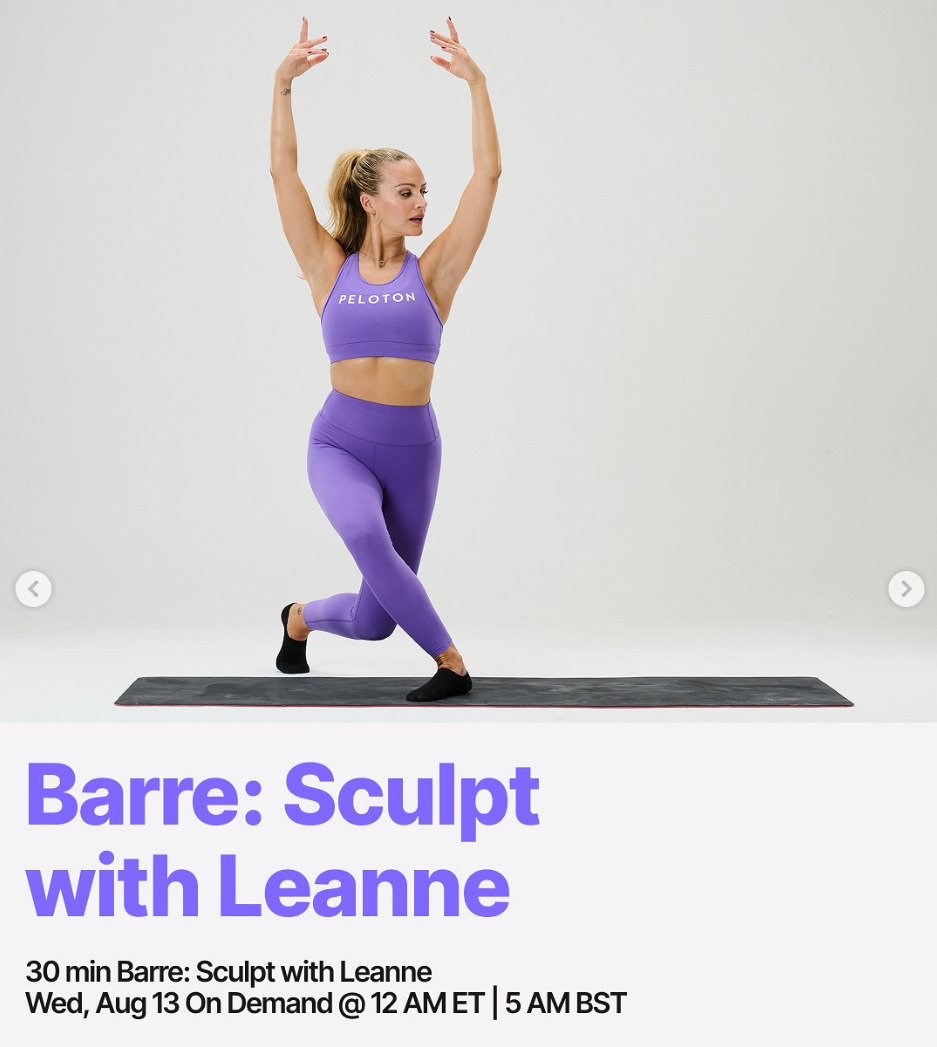 Leanne will have a 30 minute Barre: Sculpt class drop on demand this week. Image credit Peloton social media.