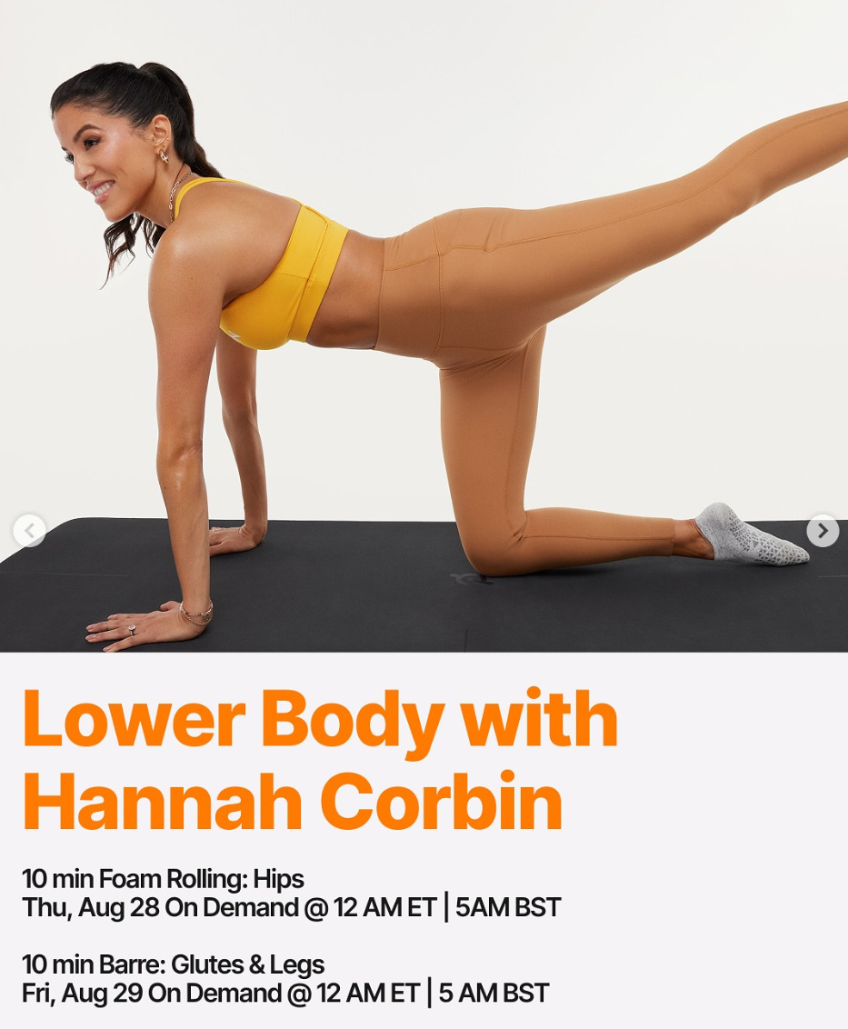 Hannah Corbin will have Lower Body Foam Rolling and Barre classes this week. Image credit Peloton social media.