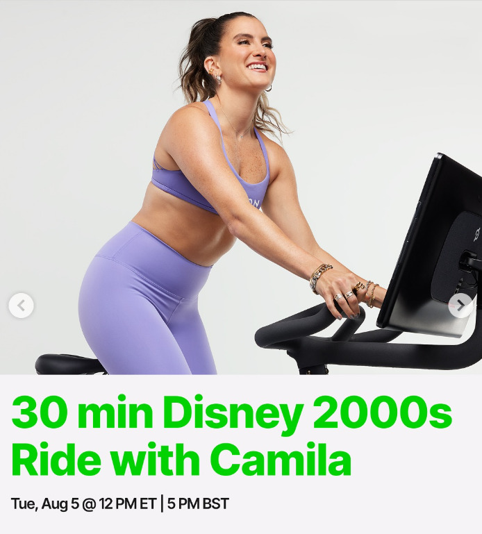 Camila will teach a live 30 minute Disney 2000s Ride this week. Image credit Peloton social media.