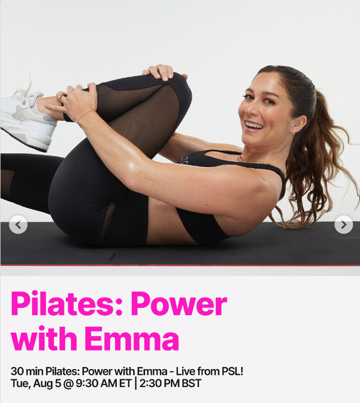 Emma will teach a live 30 minute Pilates: Power class this week. Image credit Peloton social media.