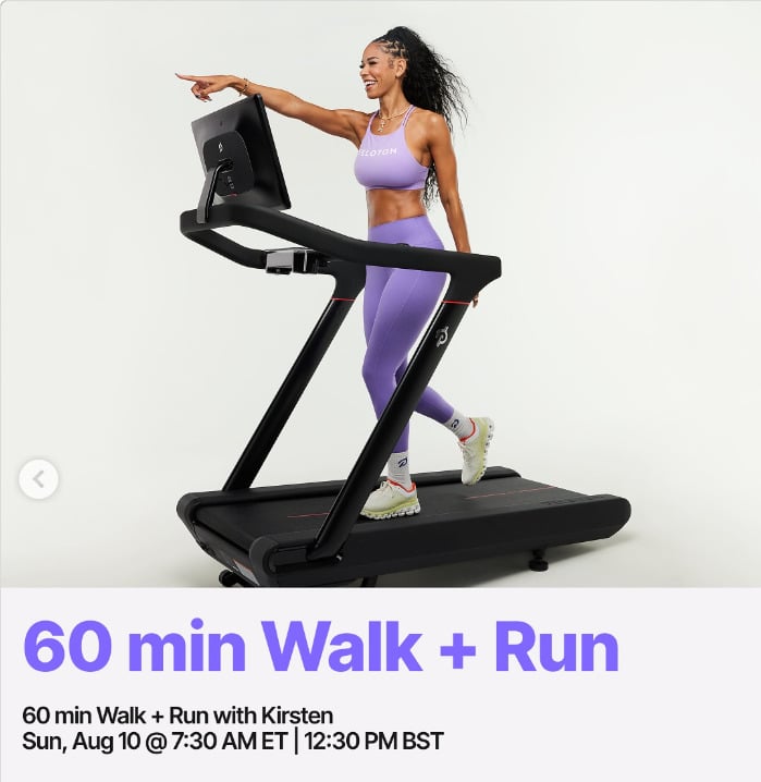 Kirsten will teach a live 60 minute Walk + Run this week. Image credit Peloton social media.