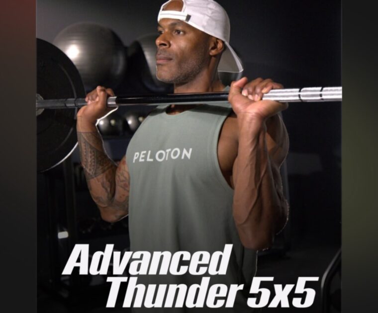 Adrian Williams Advanced Thunder 5x5 program on Peloton Strength+ app.