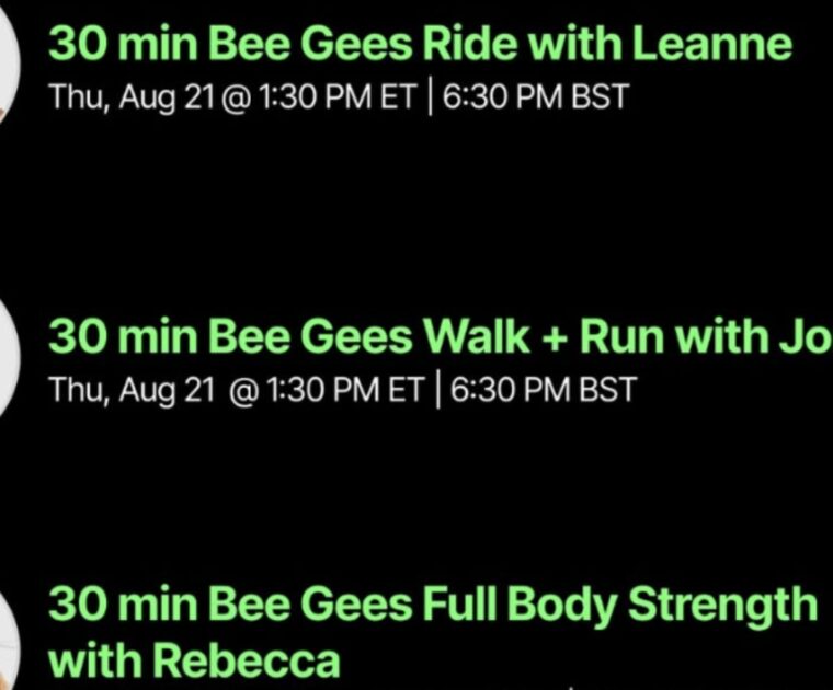Peloton Bee Gees class list. Image credit Peloton social media.