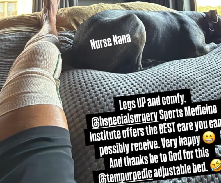 Matty Maggiacomo's Instagram Story showing recovery post-knee surgery.