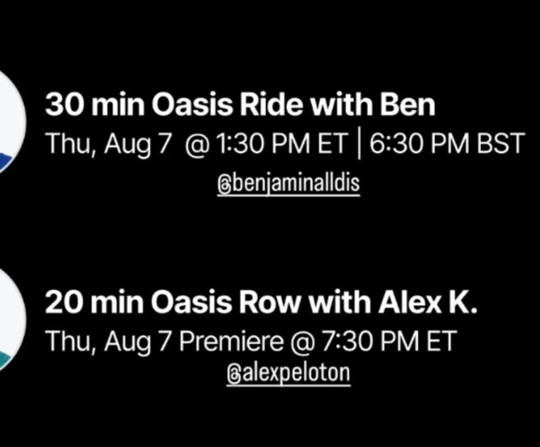 Peloton Oasis class list. Image credit Peloton social media.