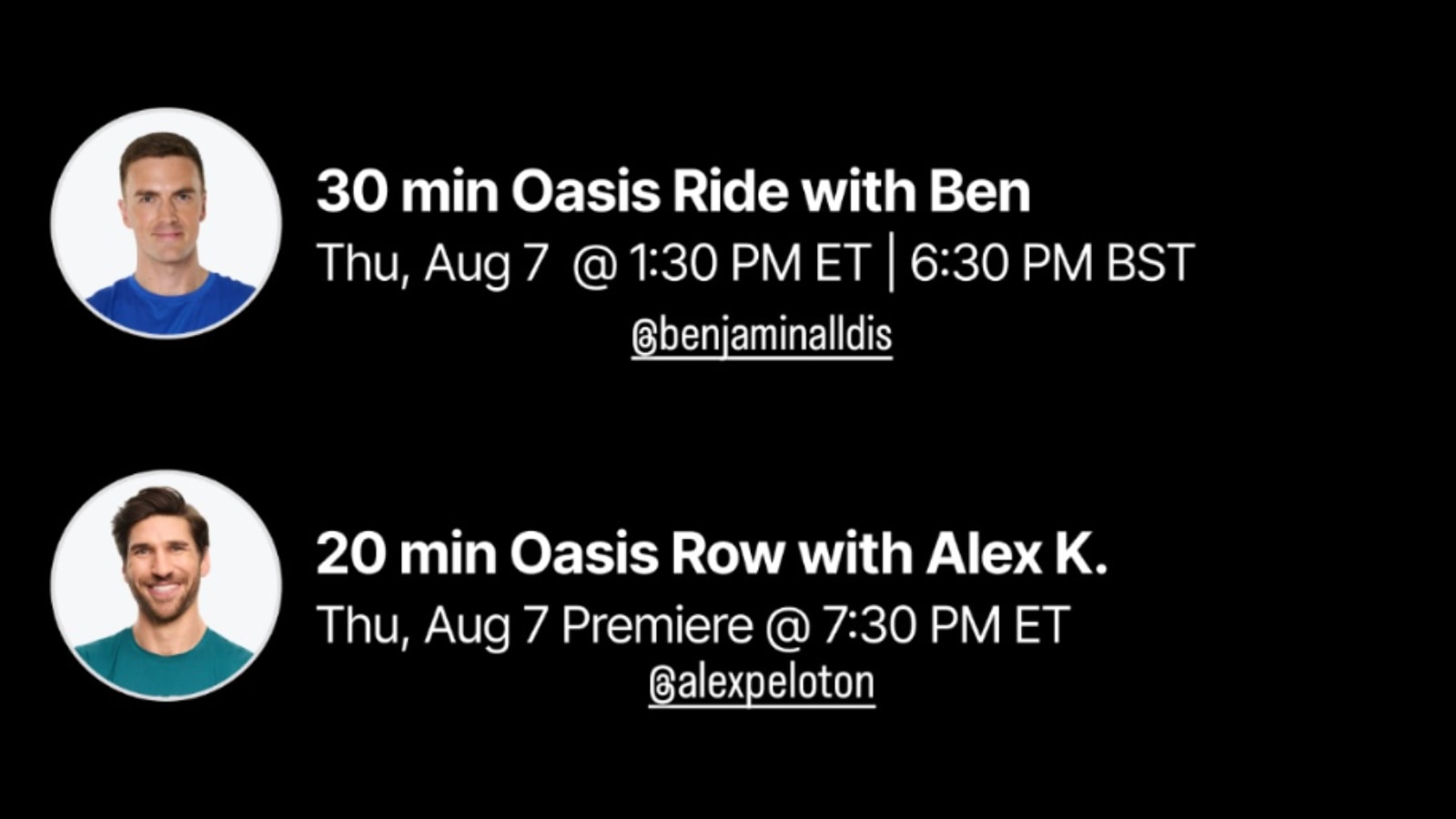 Peloton Oasis class list. Image credit Peloton social media.