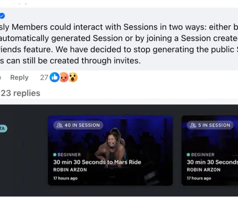 Peloton comment on Official Peloton Member Facebook page regarding public Sessions.