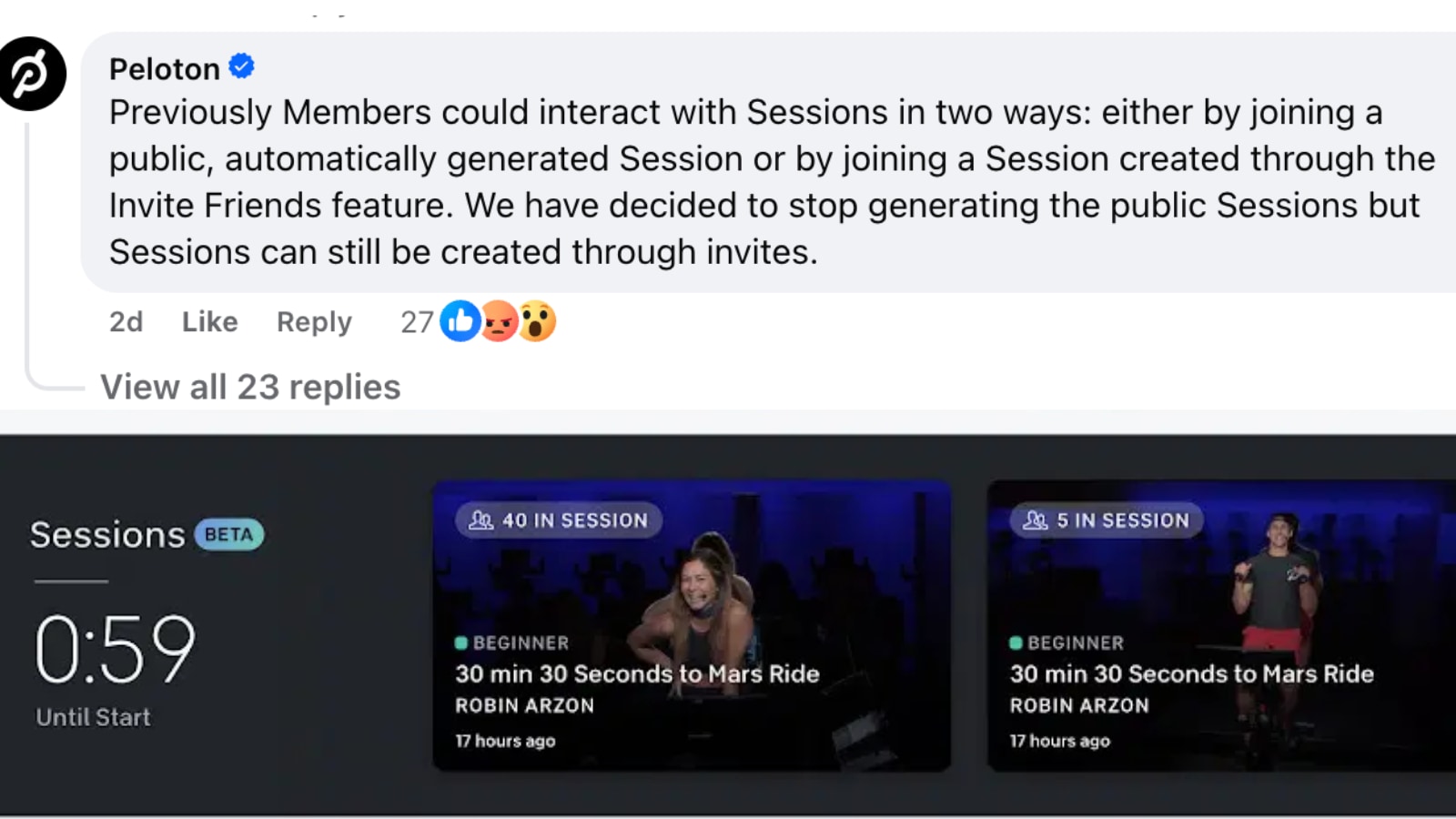 Peloton comment on Official Peloton Member Facebook page regarding public Sessions.