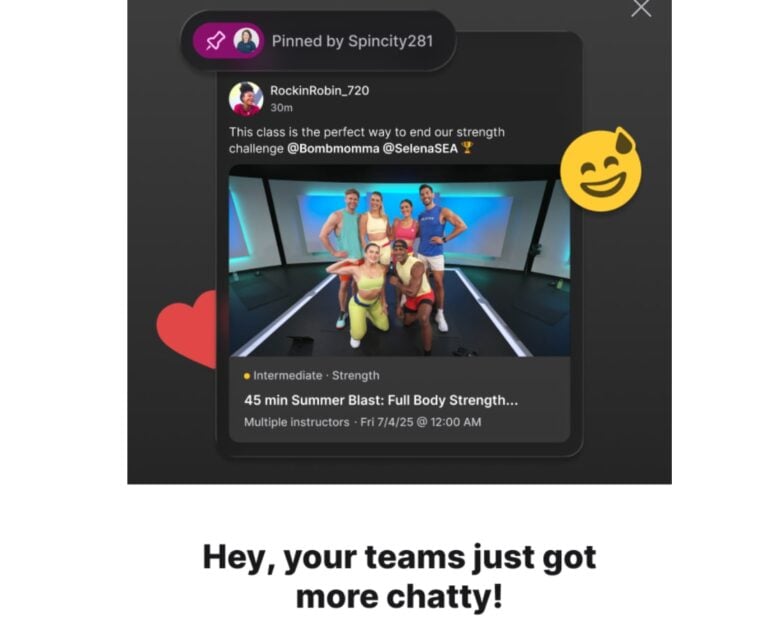 Recent updates to Peloton teams allowing class recommendations.
