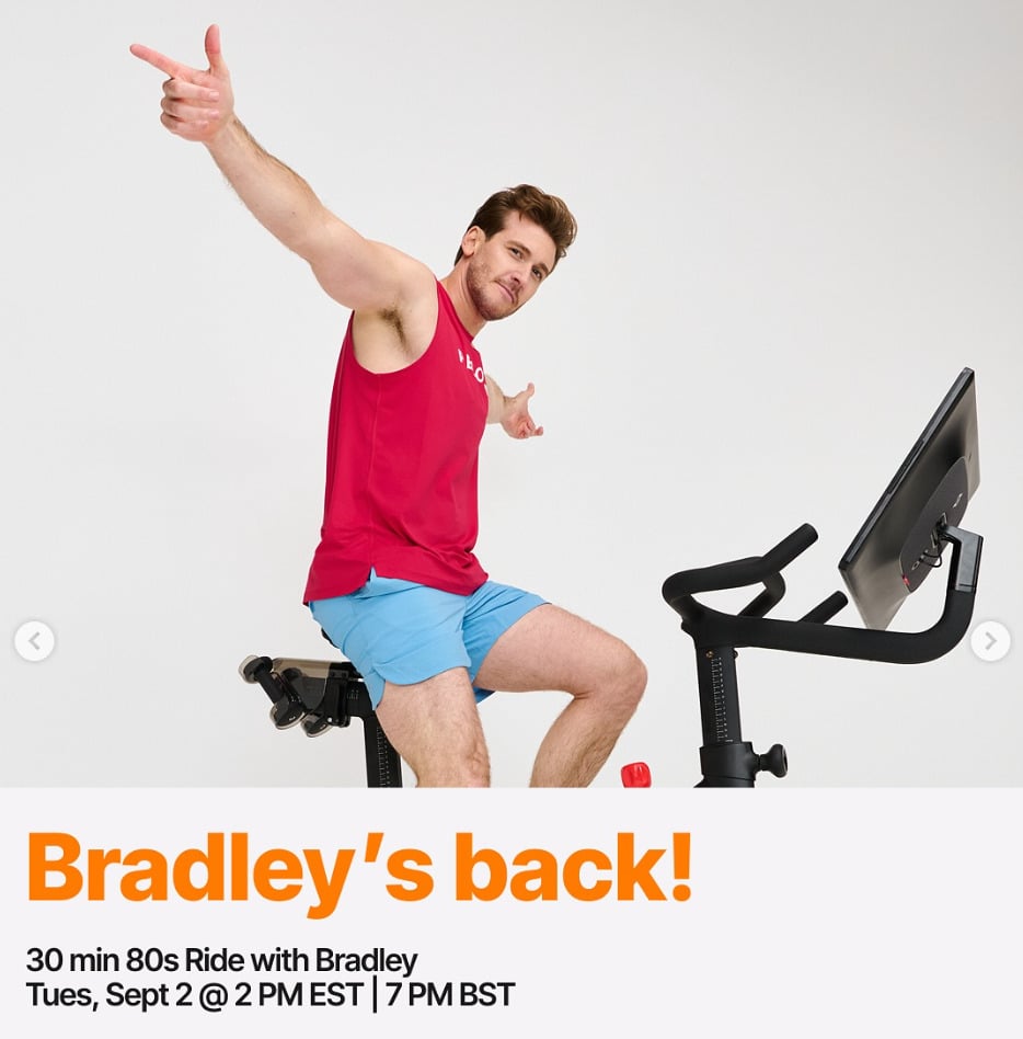 Bradley will return to the live class schedule this week with an 80s Ride. Image credit Peloton social media.